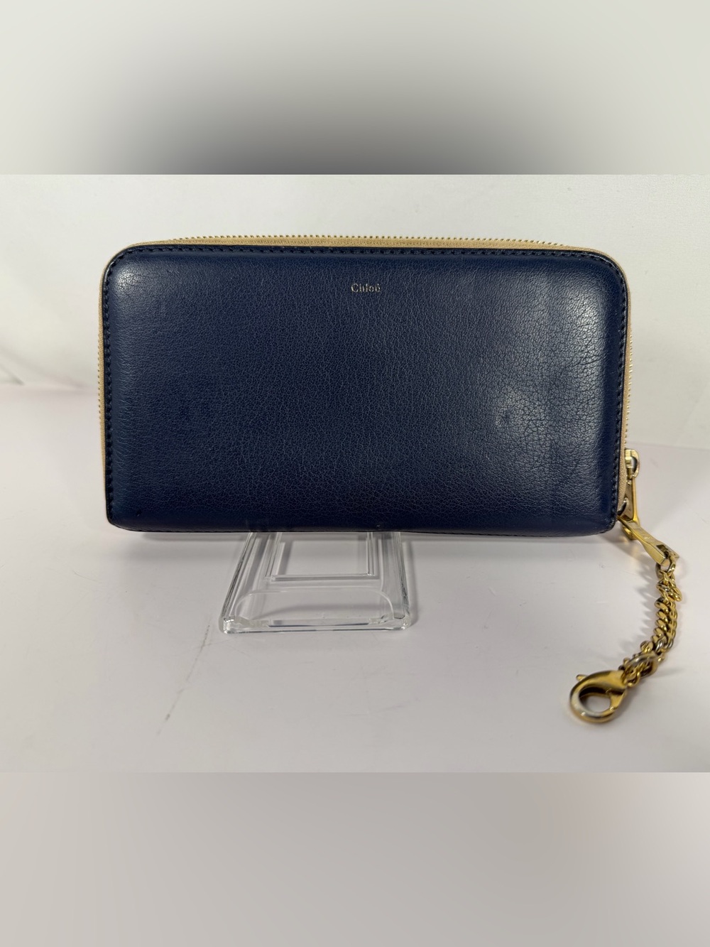 1295: Chloé Two-Tone Blue Leather Zip Around Long Wallet Chain Detail